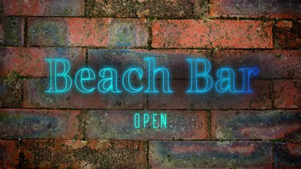 Beach Bar Open in blue neon on brick wall background - Powered by Adobe