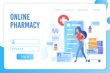 Online pharmacy flat vector landing page template. Drugstore Internet order delivery website homepage concept. Buyer purchasing medications and drugs online web banner cartoon layout