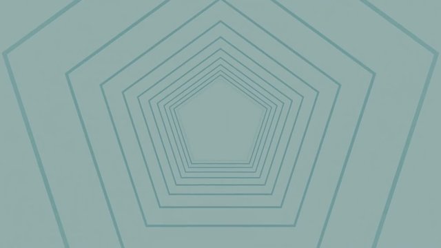 Pentagon outlines and red shapes rotating and moving outwards on a pale grey background