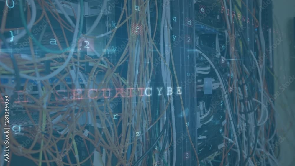 Poster cables in a computer server room with moving data security messages