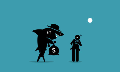 Loan shark and a poor man. Vector artwork depicts a loan shark trying to lend money to a person that has financial difficulties. The man is hesitated and unsure if he want to borrow the money.