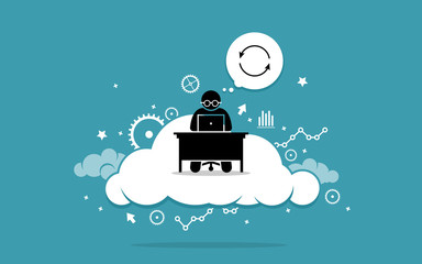 Man working with computer on the cloud. Vector artwork depicts cloud computing, data sync or information synchronization using cloud computing technology. Concept of internet technology and online.