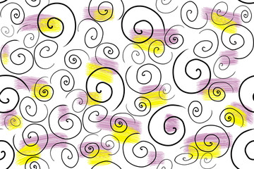Caligraphic curl line art background in black lines and colored lilac and yellow strokes and stains. raster illustration for wallpapers, prints. seamless pattern