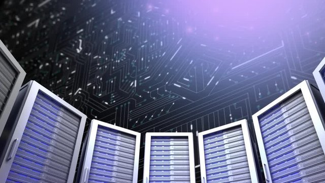 Computer mainframe towers and glowing circuit board