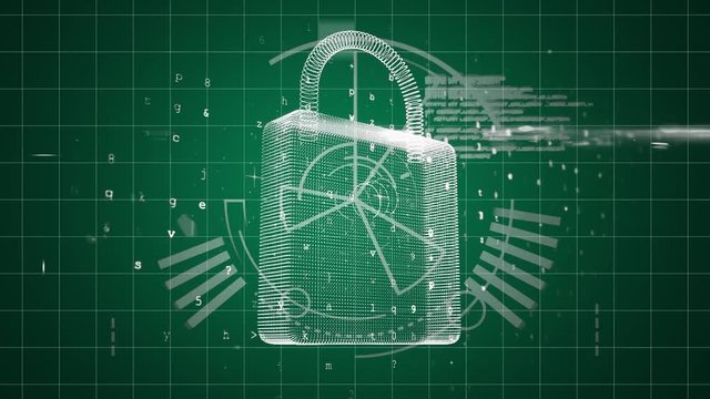 Padlock with moving data and graphic elements on a green background