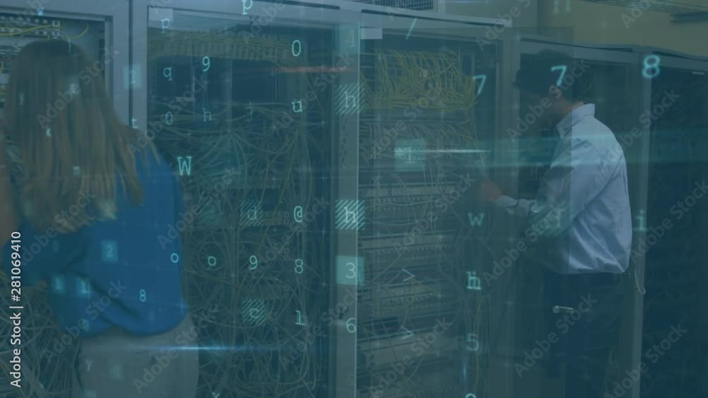 Poster woman and man working in a server room while security messages move in the foreground