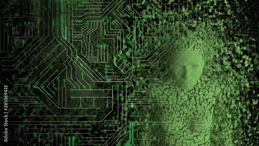 Poster female android form emerging from glowing computer circuit board