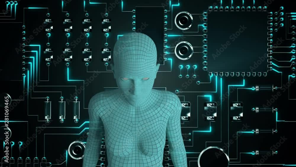 Poster female android form in front of glowing computer circuit board