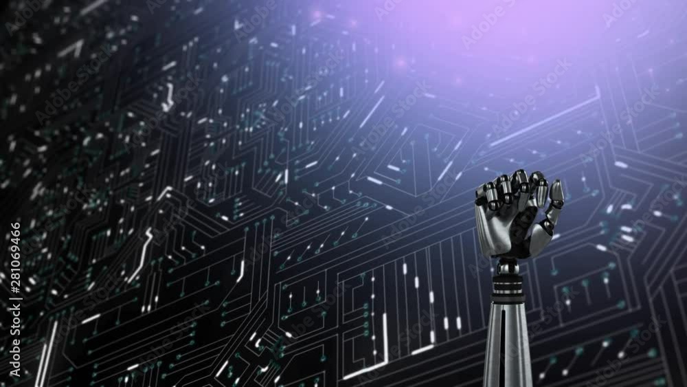Poster robot hand clenching fist in front of glowing circuit board