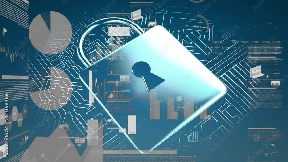 Poster padlock over computer circuit board and moving data