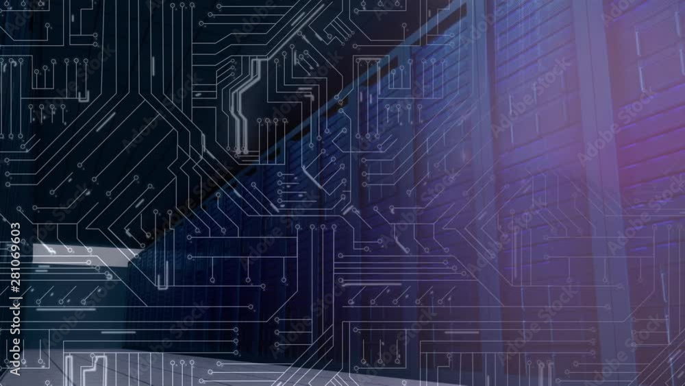 Poster mainframe computer racks and glowing circuit board
