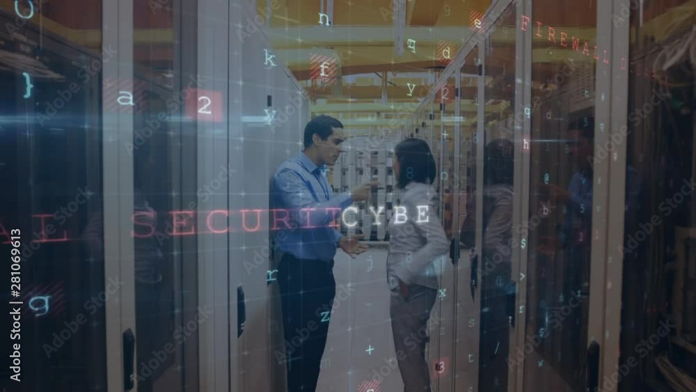Poster man and woman arguing in a server room while security messages move in the foreground