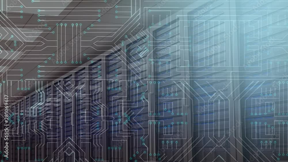 Poster mainframe computers and a glowing computer circuit board in foreground