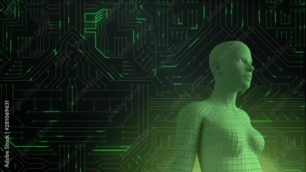 Aufkleber female android form in front of glowing computer circuit board