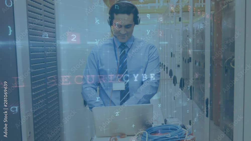 Poster man with headset talking in server room corridor while security messages move in the foreground