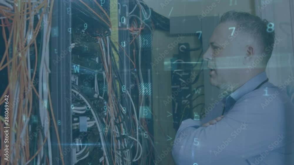 Poster man working in a server room while danger messages move in the foreground