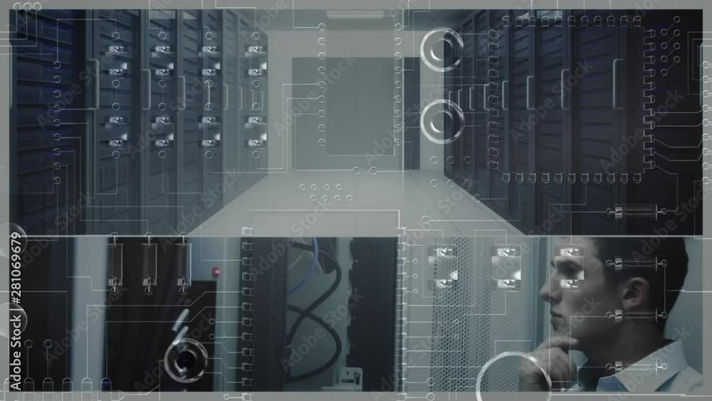 Poster composite background of server room and staff with circuit board close up
