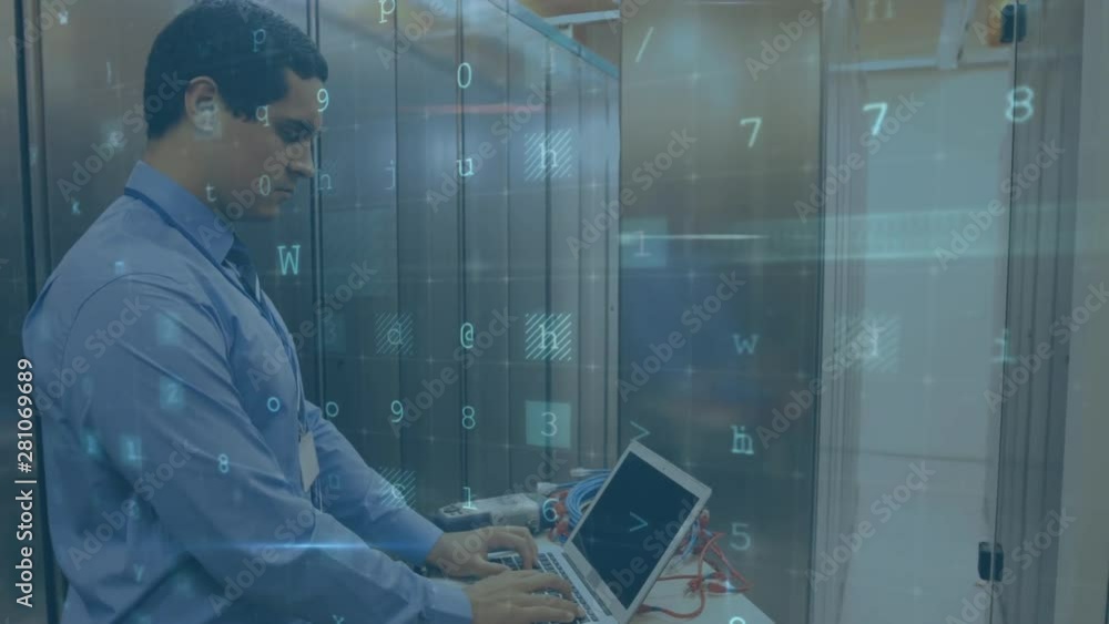 Poster man working in a computer server room while security messages move in foreground