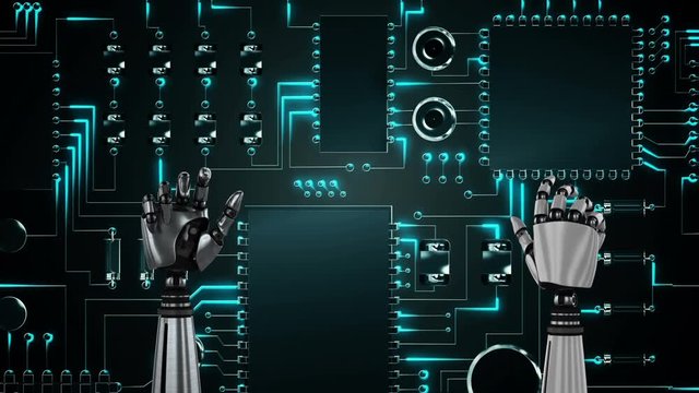 Robot hands over glowing computer circuit board