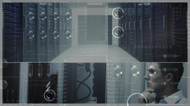 Composite background of server room and staff with circuit board close up