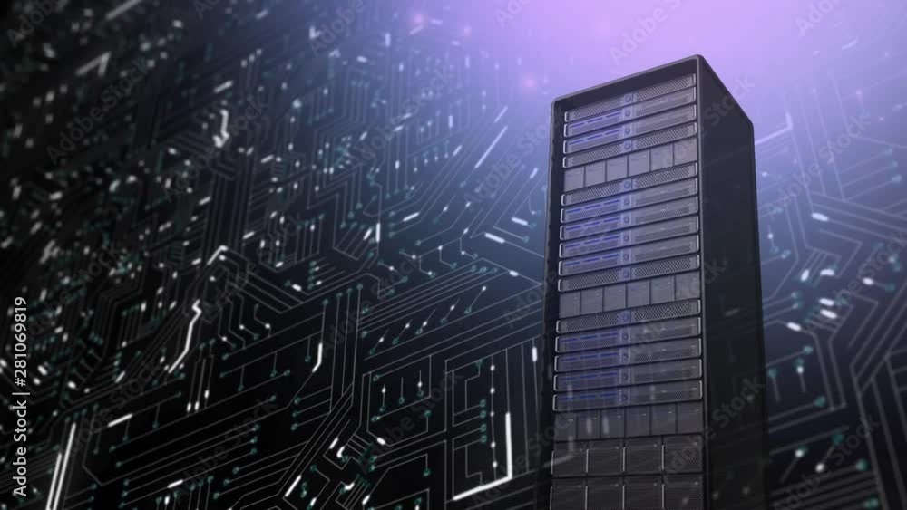 Poster mainframe computer tower and glowing circuit board