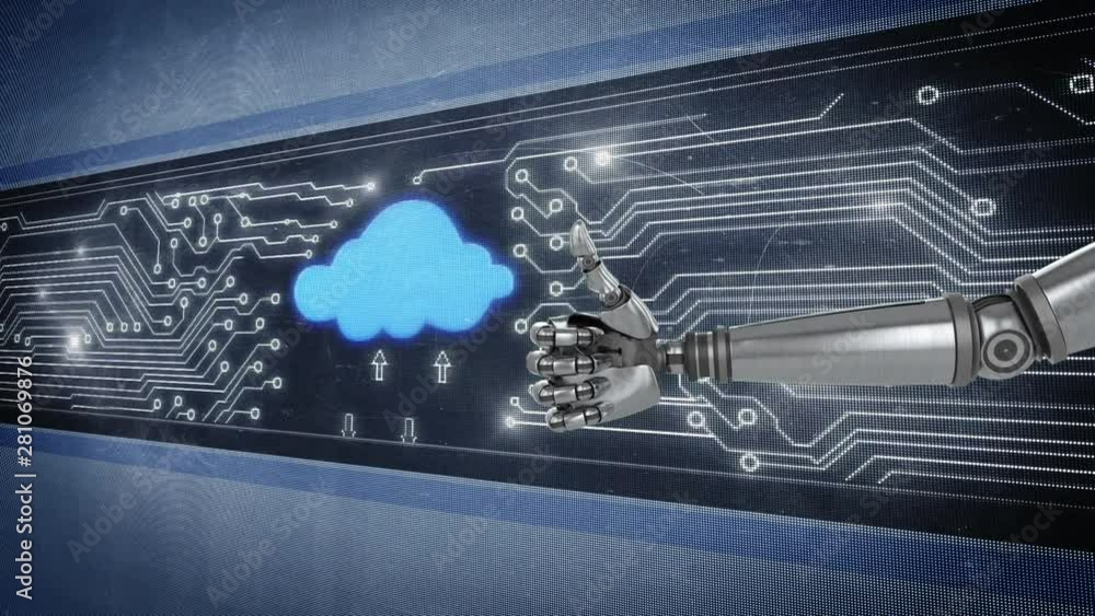 Poster robot hand gesturing thumbs up infront of glowing circuit board and flashing cloud icon