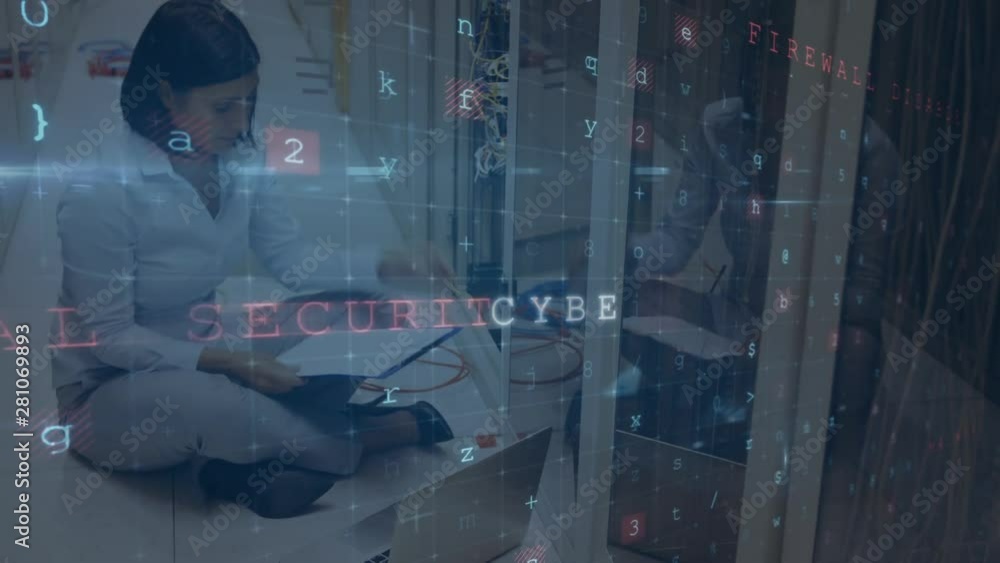 Aufkleber woman working in a server room while security messages move in the foreground