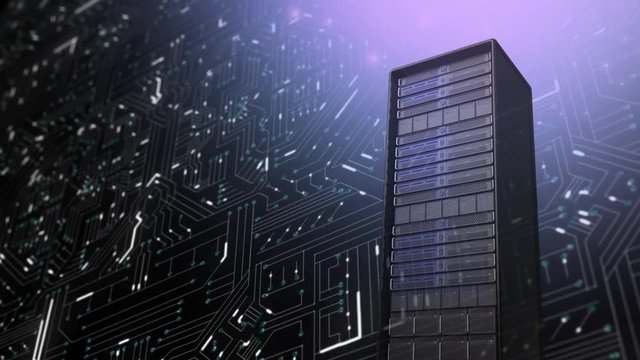 Mainframe computer tower and glowing circuit board