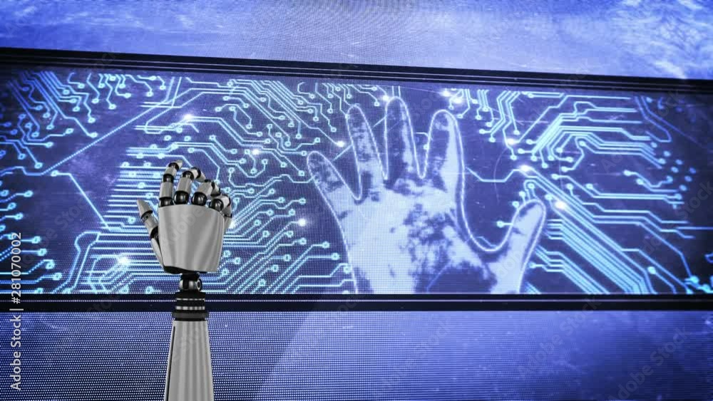 Poster robot hand and a big screen with glowing circuit board and flashing hand