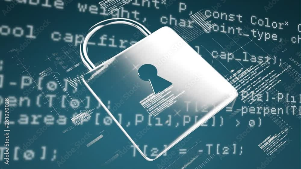 Poster padlock and scrolling white data on blue background