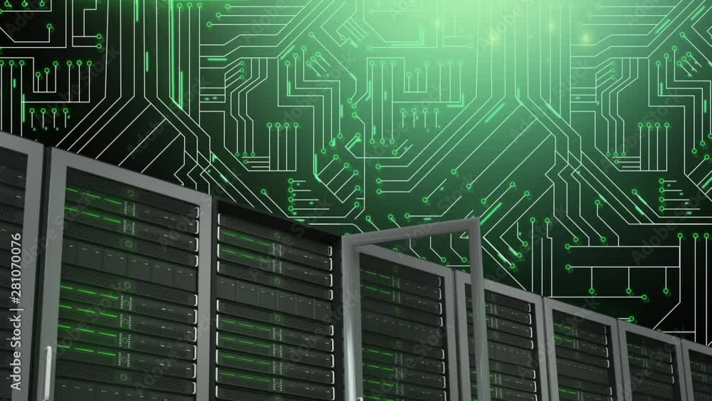 Poster mainframe computers and glowing green circuit board