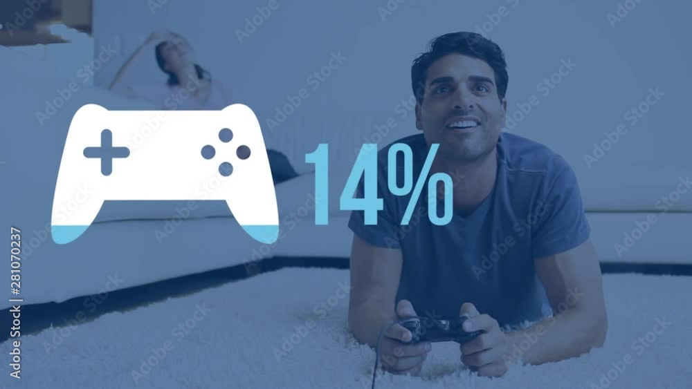 Poster man playing computer game with game controller shape in the foreground