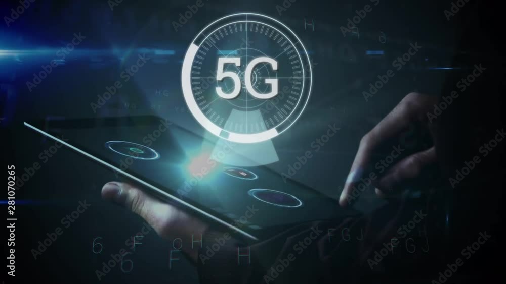 Poster 5g displayed in a circle with person using tablet in the background