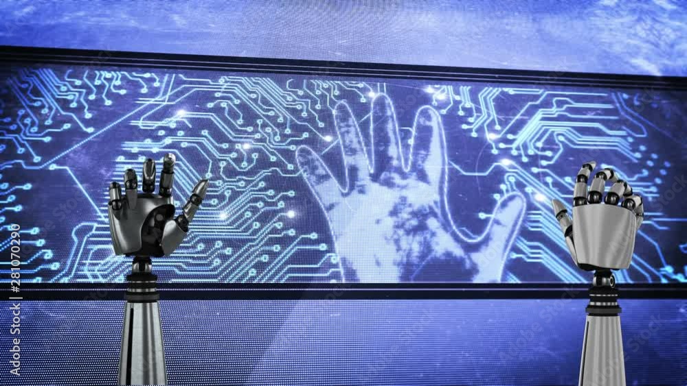 Poster two robot hands and a big screen with glowing circuit board and flashing hand