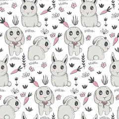 Vector seamless pattern with hand drawn cute rabbits, flowers, carrot.