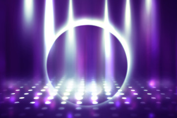 Empty background scene. Ultraviolet light, bokeh, blurred rays. Rays of neon light in the dark, neon figures, smoke. Background of empty stage show. Abstract dark background.