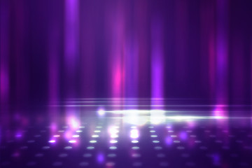 Empty background scene. Ultraviolet light, bokeh, blurred rays. Rays of neon light in the dark, neon figures, smoke. Background of empty stage show. Abstract dark background.