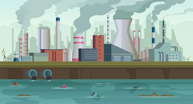 Dirty factory. Trash and smoke from urban factory production river pollution city smog in sky concept background. Pipe pollution, factory building production illustration