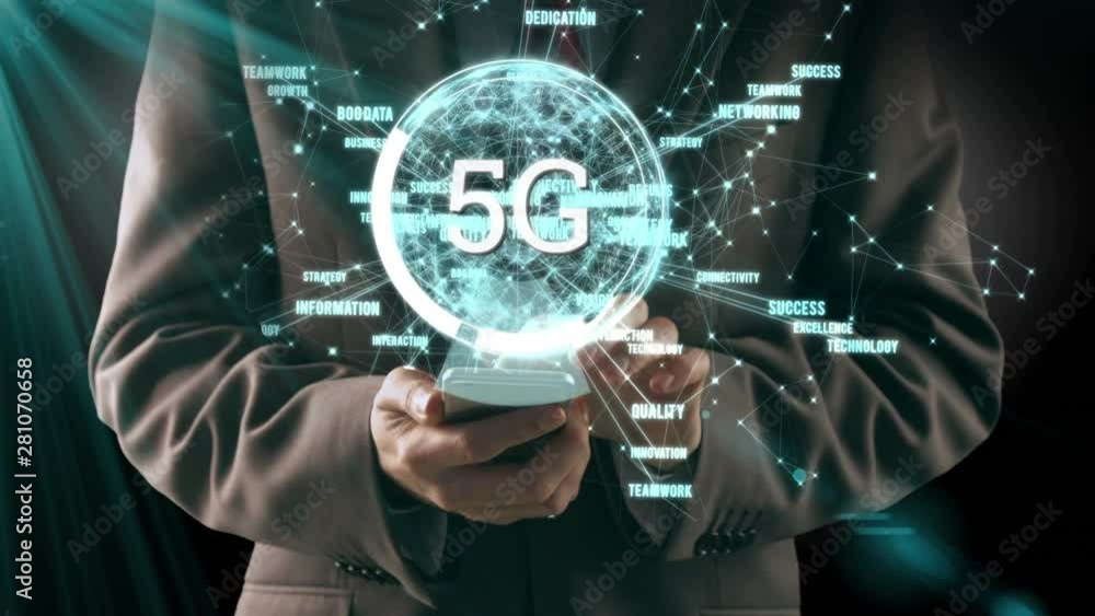 Poster 5g displayed in a circle with businessman using smartphone in the background