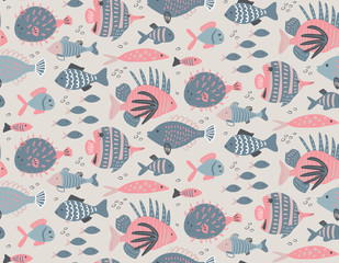 Vector seamless pattern with different colorful exotic fish.