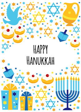 Cute Happy Hanukkah, Festival of Lights background in flat style