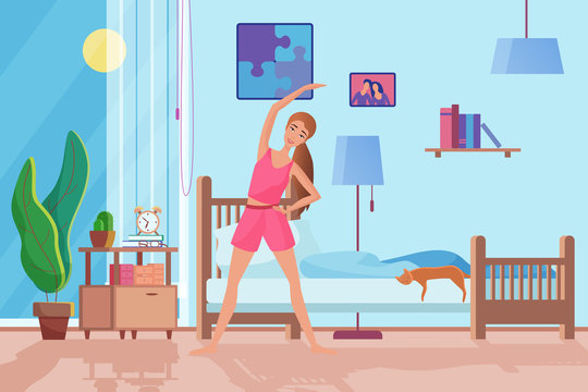 Morning exercises flat vector illustration. Healthy lifestyle, woman doing sport, training, workout at home. Smiling female cartoon character activity, cat sleeping on bed. Lady room interior design
