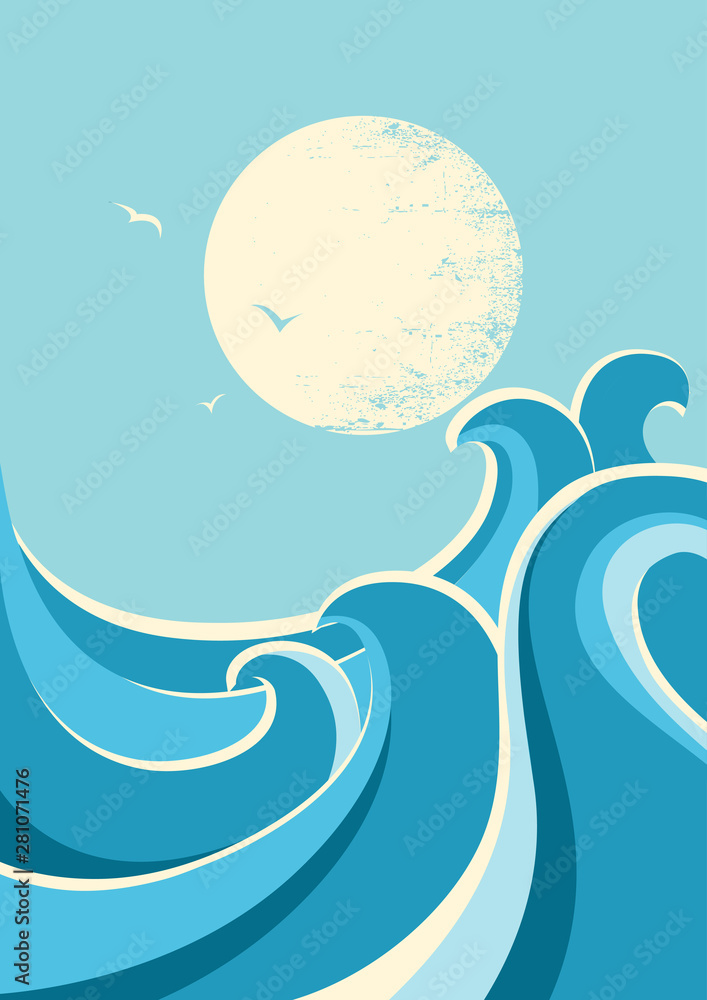 Wall mural Big ocean waves .Vector seascape with sea waves and sky background for text