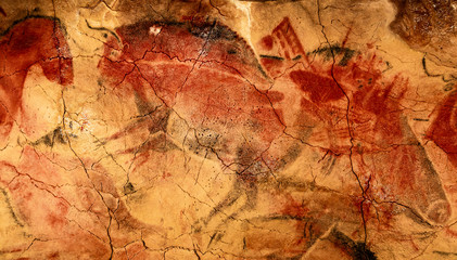 Red and black bison and horse from Altamira cave
