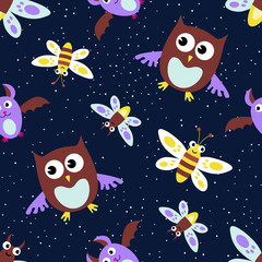 Vector seamless pattern with night butterfly, owl, bat. Beautiful repeated texture with insects and animals. Night background, for kids clothes design.