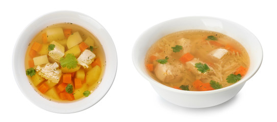 Fresh vegetable detox soup with croutons in dish on white background