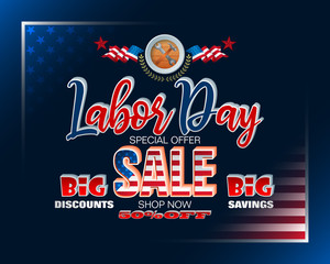 Holidays, design background with 3d texts and national flag colors for American, Labor day, sales, commercial event; Vector illustration