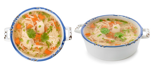 Fresh vegetable detox soup with croutons in dish on white background