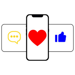 Communication in social networks. Image of mobile phone with message icons, likes, and subscribers. Perfect for the banner, website.