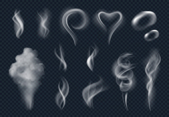 Steam realistic. Tobacco smoke steaming cloud from hot food vector isolated. Illustration of steam smoke, white cloud effect from fire © ONYXprj